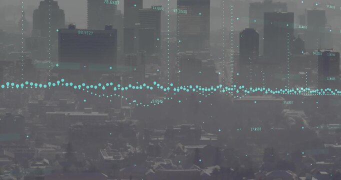 Turquoise dotted waveform on data update, fluctuating and forming columns showing city sensor data