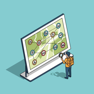 Man using a magnifying glass on a computer screen displaying a map with various icons.