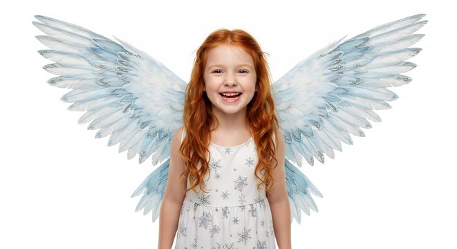Smiling angelic red haired child with beautiful white wings expressing pure joy against a clean white background. AI Generated