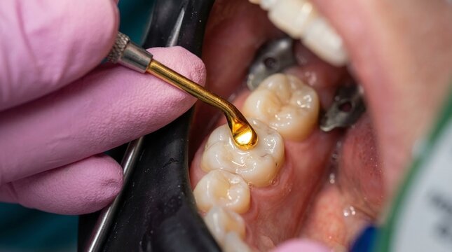 Dental composite filling procedure using golden instrument on molars.