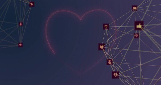 Initial pulse from icon network sending pulses to neon heart tracing outline and showing connection