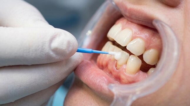 Dentist applying fluoride varnish to lower teeth for enamel defense.