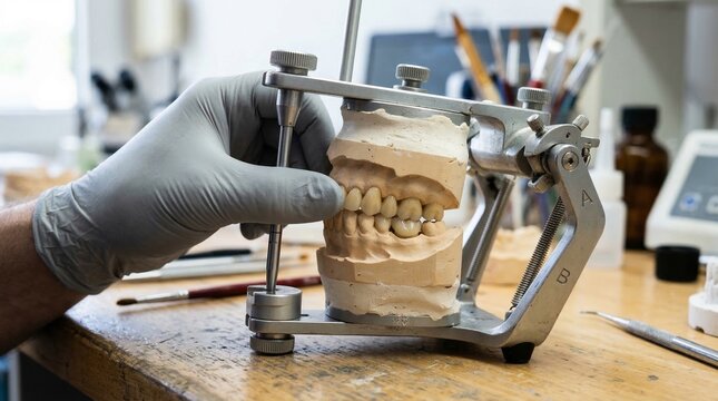 Dental cast mold on articulator in laboratory setting.