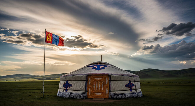 Traditional Mongolian Ger Dwelling Standing Proudly In The Vast Open Steppe Landscape Under Dramatic Sunset Sky With National Flag