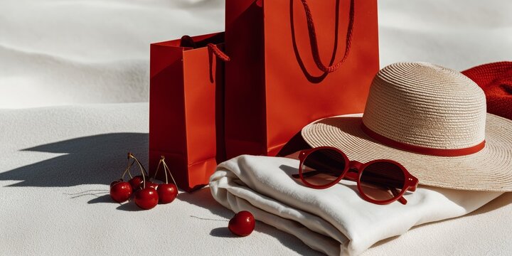 Stylish beach essentials and shopping bags in sunlight, ideal for vacation retail promotions and lifestyle branding.