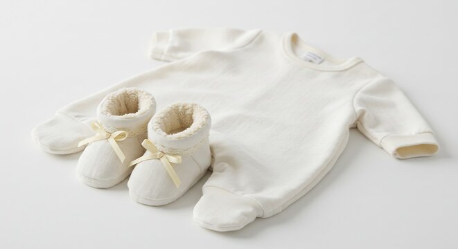 Soft white baby sleepsuits and tiny booties gently arranged on a bright clean surface anticipating new arrivals. AI Generated