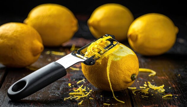 Lemon zester peels yellow lemons on dark wooden surface creating citrus zest for cooking and flavoring dishes