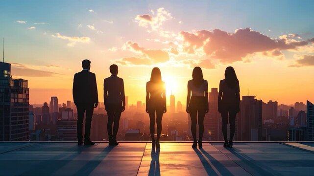 Silhouetted people watch the sunset over a city skyline from a rooftop