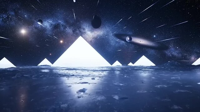 Pyramids under starry night sky.