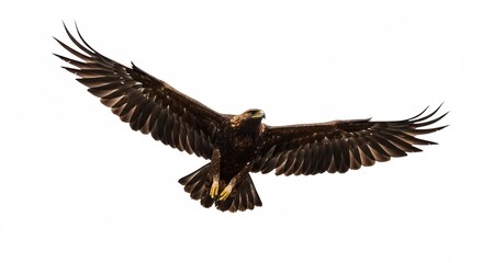 Obraz premium Majestic golden eagle soaring wings spread wide exuding power and freedom against a stark white background. AI Generated