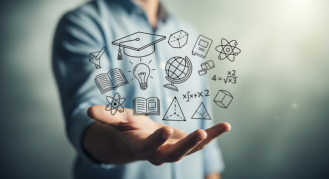 person holding educational icons, learning concept