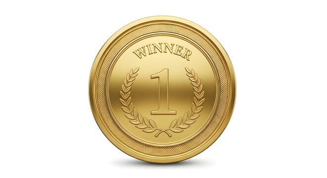Realistic Gold Winner Medal with Number 1 and Laurel Wreath, 3D Render Illustration isolated PNG with Transparent Background