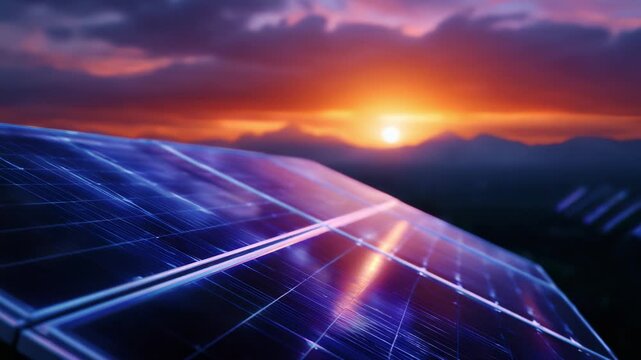 Captivating sunset illuminating solar panels, showcasing sustainable energy innovation and technology against a backdrop of vibrant colors and majestic mountains.