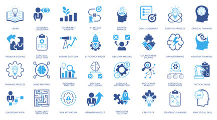 Strategic thinking icon set featuring business planning, problem solving, leadership, and decision-making concepts. Modern flat and line style icons suitable for corporate presentations, and other © Graphic S