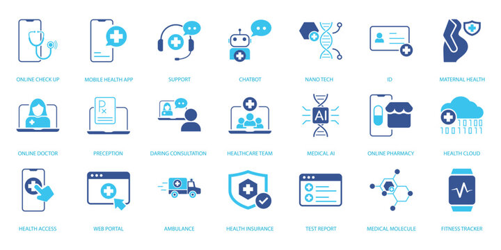 Modern healthcare technology icon set featuring telemedicine, online doctor consultation, medical AI, chatbot, digital health app, pharmacy, and cloud healthcare services. 