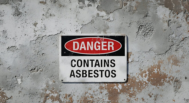 Warning sign on concrete wall with asbestos danger message
