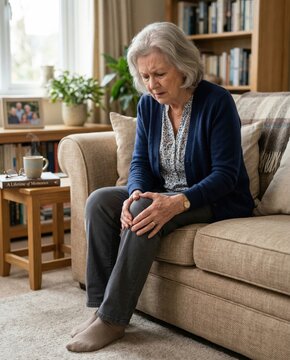 Senior woman experiencing sharp knee pain while relaxing at home