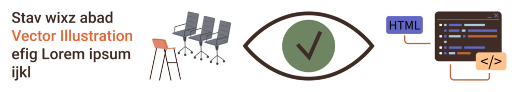 Office design, coding, quality assurance, software development, web design, accessibility features. You see office chairs, an eye icon with a checkmark and an HTML coding interface. Office design