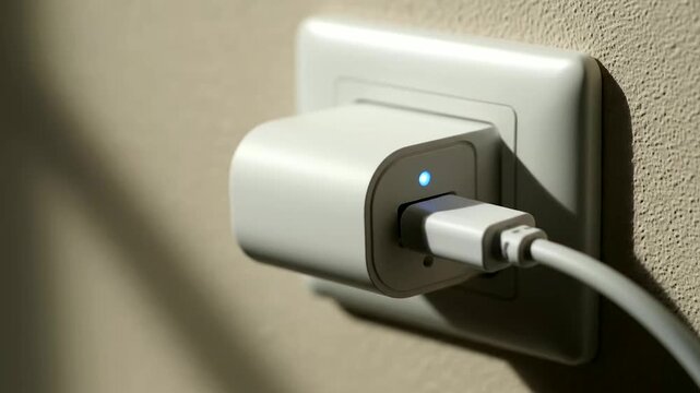 Highlighting the critical infrastructure of Community Energy Networks, a seamless connection is made as a USB cable is plugged into a wall power adapter, illuminating a bright blue indicator light.