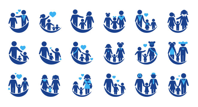 Collection of blue accessibility icons showing people in wheelchairs with helpers and companions.