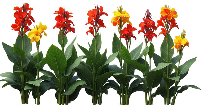 Set of Canna indica (Indian shot, African arrowroot, edible canna, purple arrowroot, Sierra Leone arrowroot) flowering frontal isolated png on a transparent background perfectly cutout high resolution
