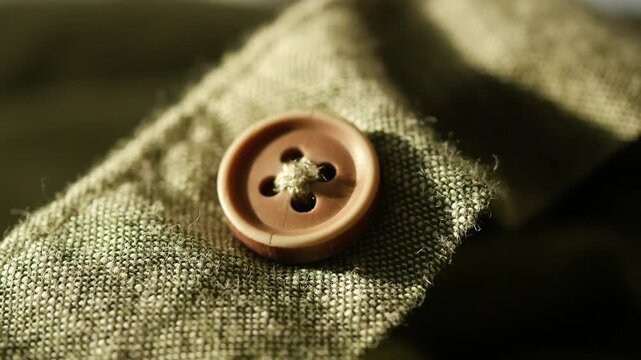 Macro view of brown button on green linen fabric with selective focus and soft lighting.