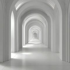 Fototapeta premium Serene White Arched Corridor with Dramatic Light and Shadow Play, Modern Architectural Hallway, Minimalist Interior Design, 3D Rendering