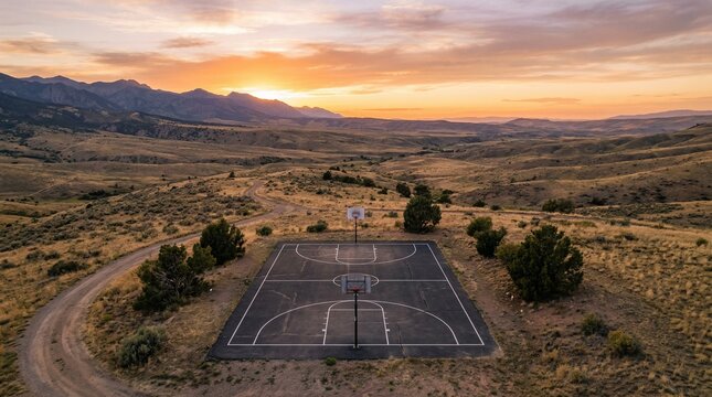 An aerial view of a basketball court in a desert landscape at sunset