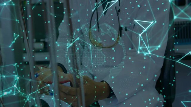 Camera zooming Dr adjusting IV tubing leaning in checking teal overlay partially obscuring hands