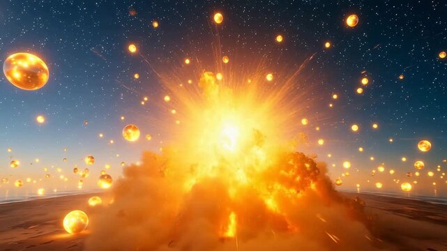 Explosion in space with floating spheres