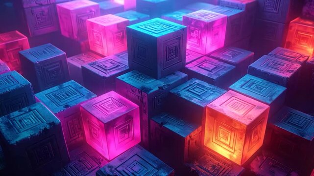 Futuristic cubes in pink and blue lighting, geometric design
