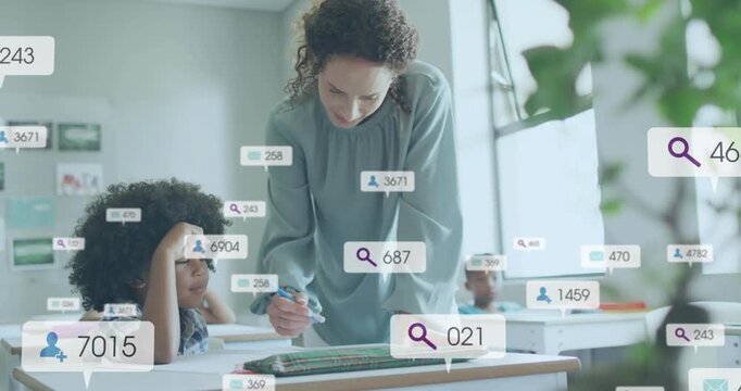 Classroom teacher reaching pupil hand, guiding while UI icons growing around supporting learning