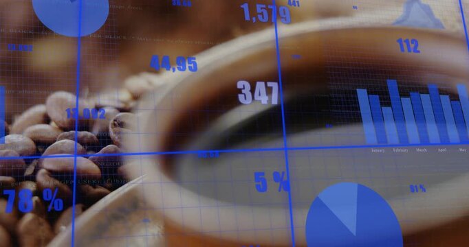 Camera shifting focus centering cup analytics updating over beans showing brew metrics for coffee