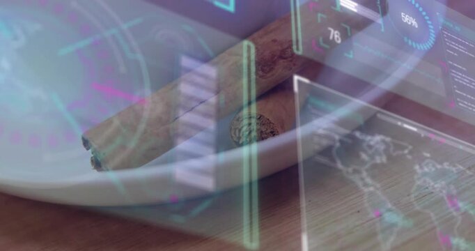 Two cinnamon sticks resting in white bowl, HUD appearing and scanning spice data for food packaging