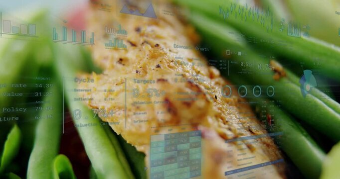 Camera pushing in and tracking grilled fillet for food ad, avocado entering, chart overlays sliding