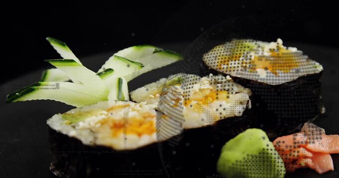 Camera shifting right, pushing forward, revealing sushi rolls, sesame, sauce, halftone for food ads