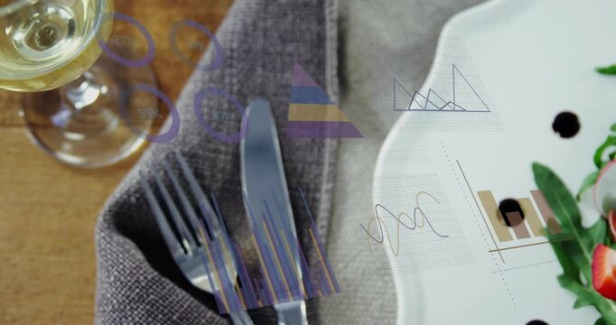 Camera panning right revealing restaurant plate with salad while animated graphics promoting dish