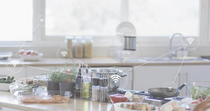 Culinary counter cluster with wireless icons appearing near pot and oil, linking herbs, pans, sink