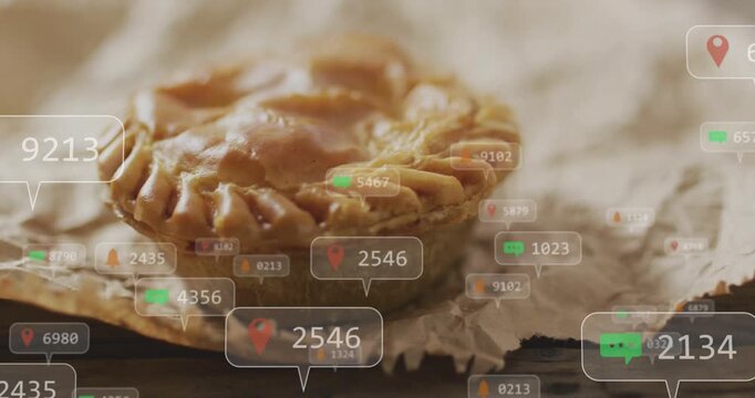 Hand pie on paper, badge popping, spawning badges layering around pie then fading, showing food ads
