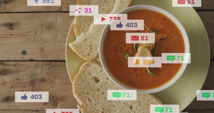 Emerging social badges swarming from left over soup bowl and toast on table, signaling engagement