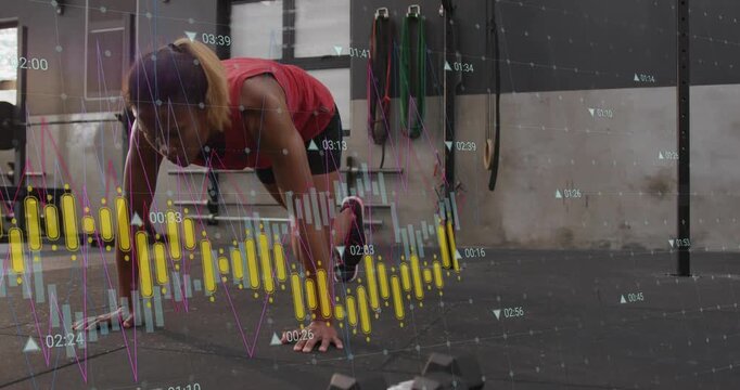 Woman starting plank, cycling knees for core on gym floor, waveform overlaying torso tracking pace