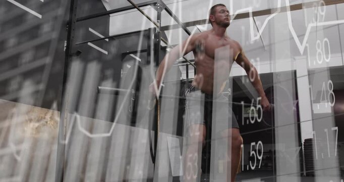 Lifter doing snatch for fitness, leg drive starting pull, charts overlaying bar tracking lockout