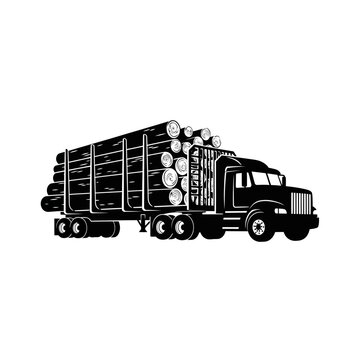 Illustration of a log truck carrying a large load of timber, symbolizing the logging industry and forestry operations in a graphic format