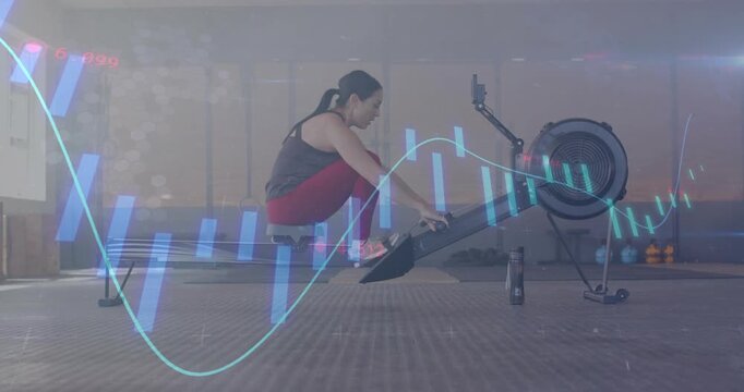 Data overlay appearing, woman rowing, adjusting foot straps and tracking performance metrics