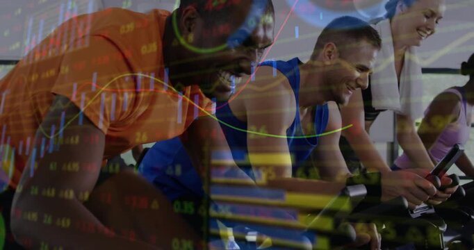 Four cyclists starting pedaling in spin studio, upping effort and showing chart overlay for metrics