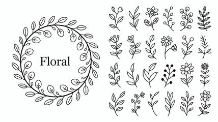 A collection of delicate hand drawn floral elements and a circular wreath design are showcased in a minimalist black and white style high quality professional detailed © Raian