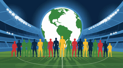 A diverse group of silhouetted figures stands on a field before a large illuminated globe and stadium high quality professional detailed modern elegant stylish clean crisp © Raian