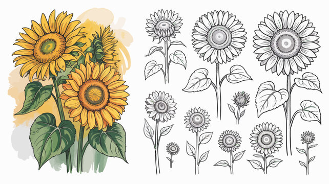 A vibrant collection of sunflowers is displayed showcasing both full color and grayscale botanical illustrations for artistic design high quality professional detailed modern elegant stylish clean