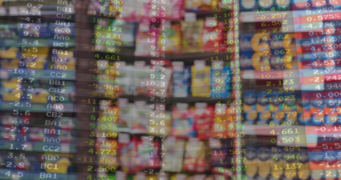 Retail shelves staying blurred in aisle while data overlay appearing and scrolling for inventory