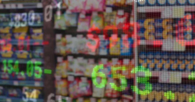 Numeric overlay updating after &yen; price feed scrolling across retail shelves signaling price changes